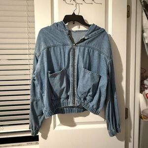 Light Wash Denim Hooded Zip Jacket - Blue